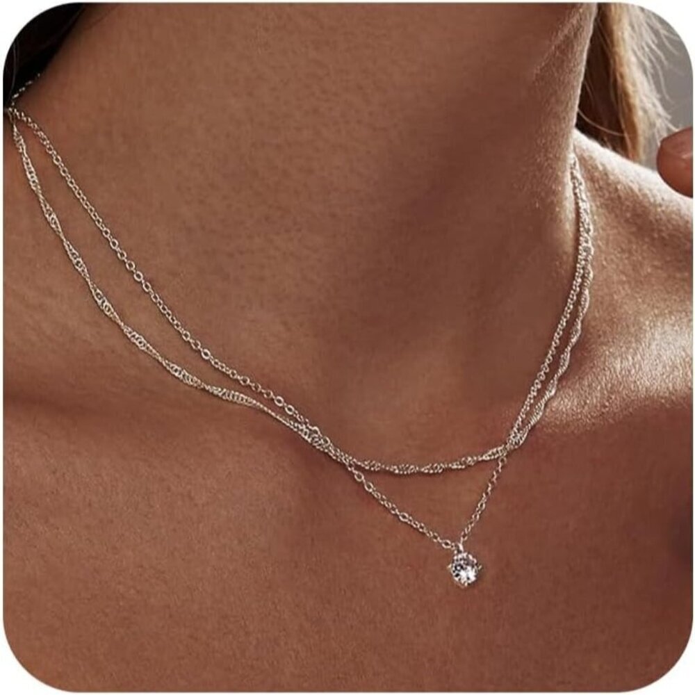 Trendy 18K Silver-Round CZ Lay Plated Paperclip Necklace - Diamond Oval Jewelry